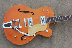 Orange Flame maple top GT Jazz Electric Guitar with Bigsby Tremolo bridge Semi Hollow Body Jazz archtop Guitar
