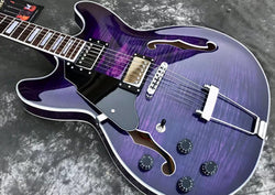 left handed purple jazz 335 electric guitar Grote flame maple guitar